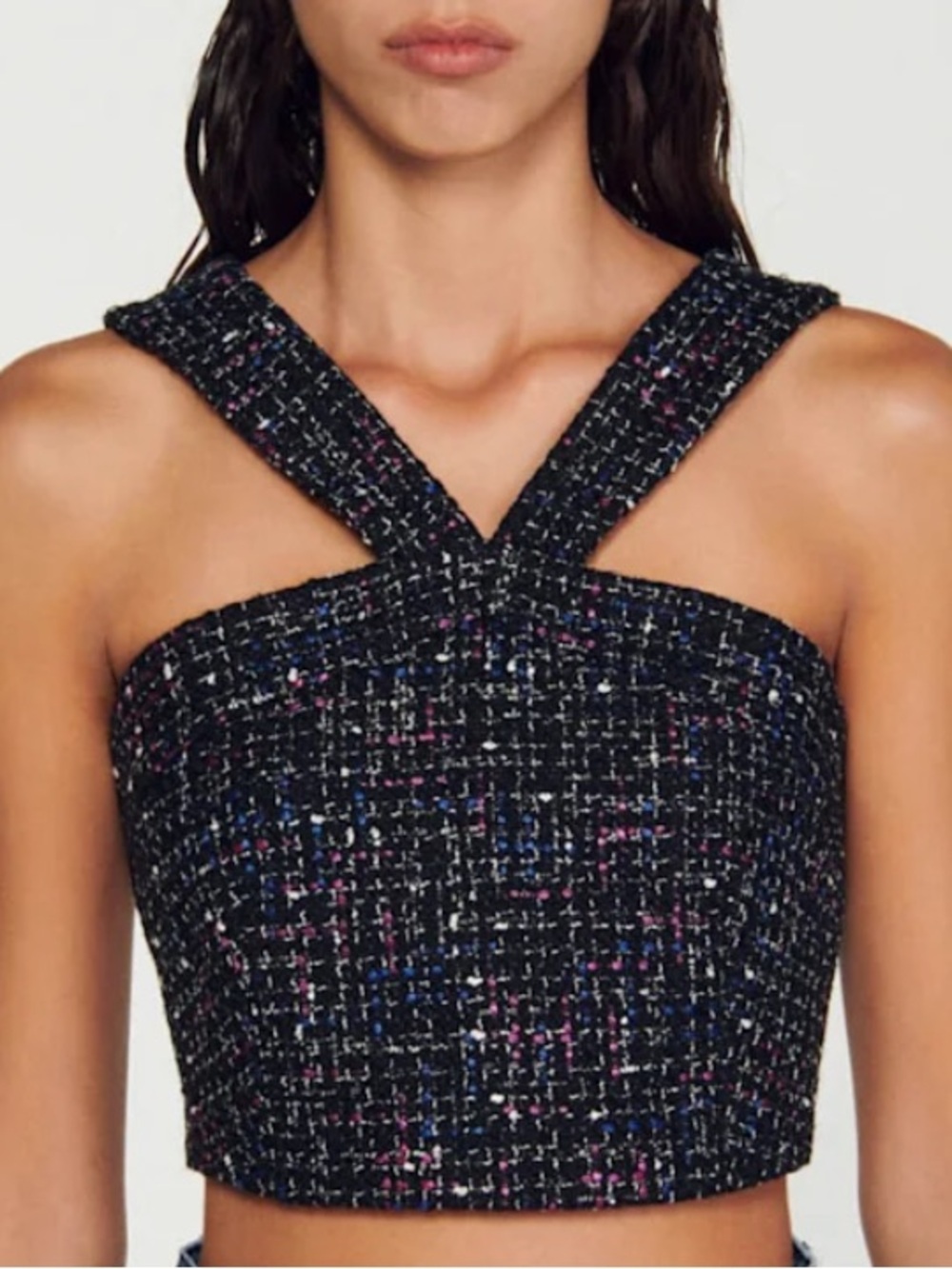 SANDRO- Textured Black Tweed Bustier Top with Cross-Strap Neckline